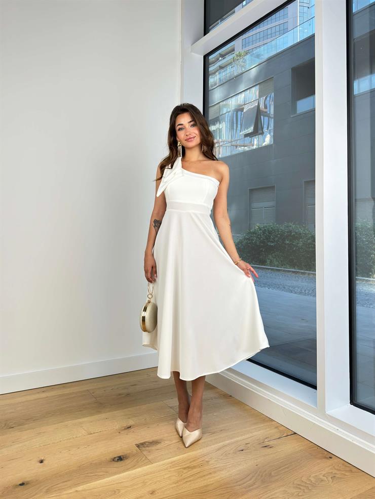 Tek Omuz Askılı Askısı Fiyonk Detaylı Mitsuo Kadın Beyaz Midi Elbise 24Y645