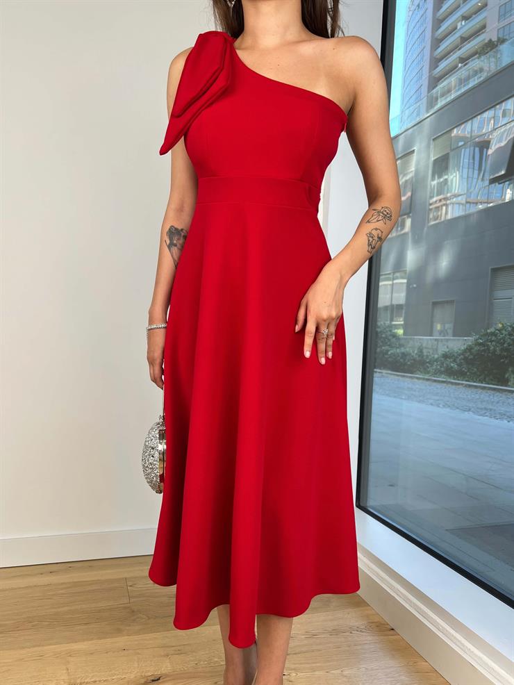 Tek Omuz Askılı Askısı Fiyonk Detaylı Mitsuo Kadın Kırmızı Midi Elbise 24Y645