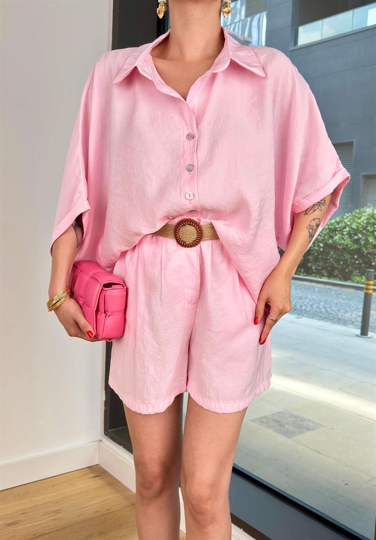 Kolları Bol Kesim Gömlek Yüksek Bel Pens Detaylı Şort Modal Pembe Kadın Takım 25Y427