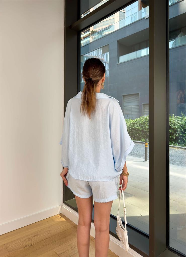 Kolları Bol Kesim Gömlek Yüksek Bel Pens Detaylı Şort Modal Mavi Kadın Takım 25Y427