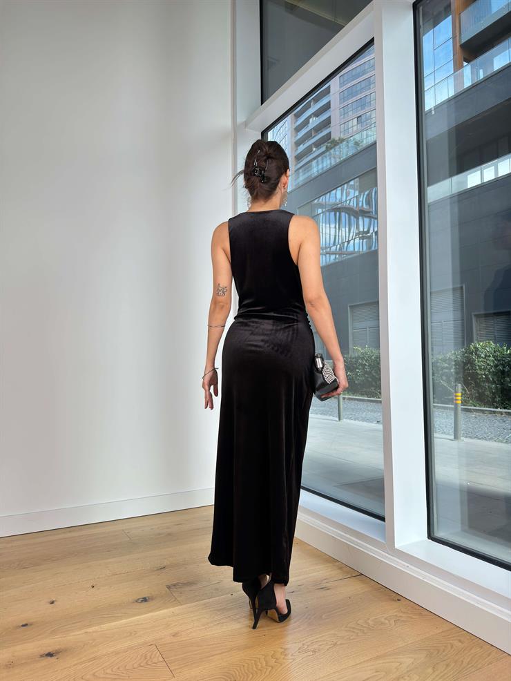 Askılı Drapeli Kadife Molis Siyah Kadın Uzun Elbise 25K389