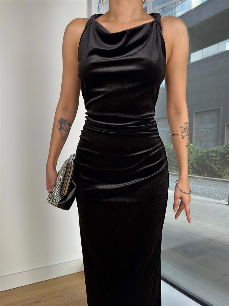 Askılı Drapeli Kadife Molis Siyah Kadın Uzun Elbise 25K389