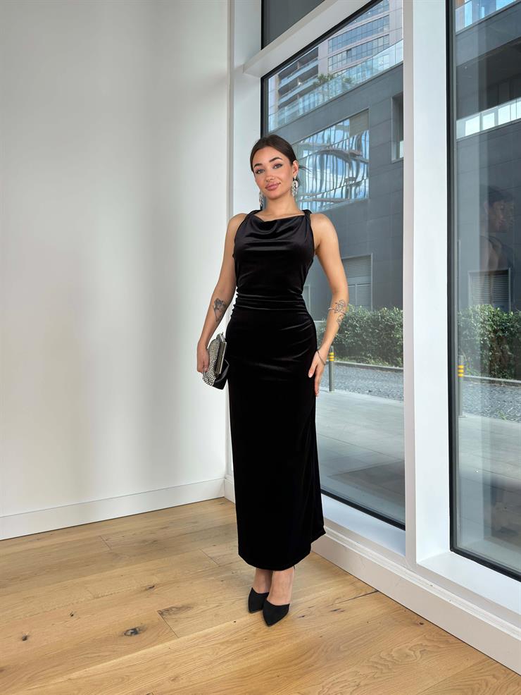 Askılı Drapeli Kadife Molis Siyah Kadın Uzun Elbise 25K389