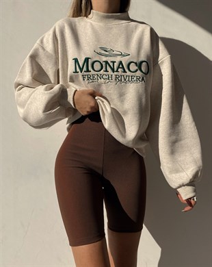 Monaco Yazılı Dik Yaka Kadın Bej Renk Sweat 22K000211