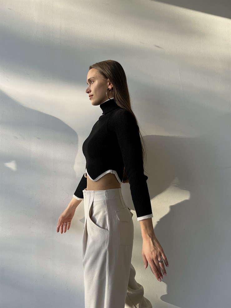 Balıkçı Yaka Bel Detaylı Monica Kadın Siyah Crop Kazak 23K000197