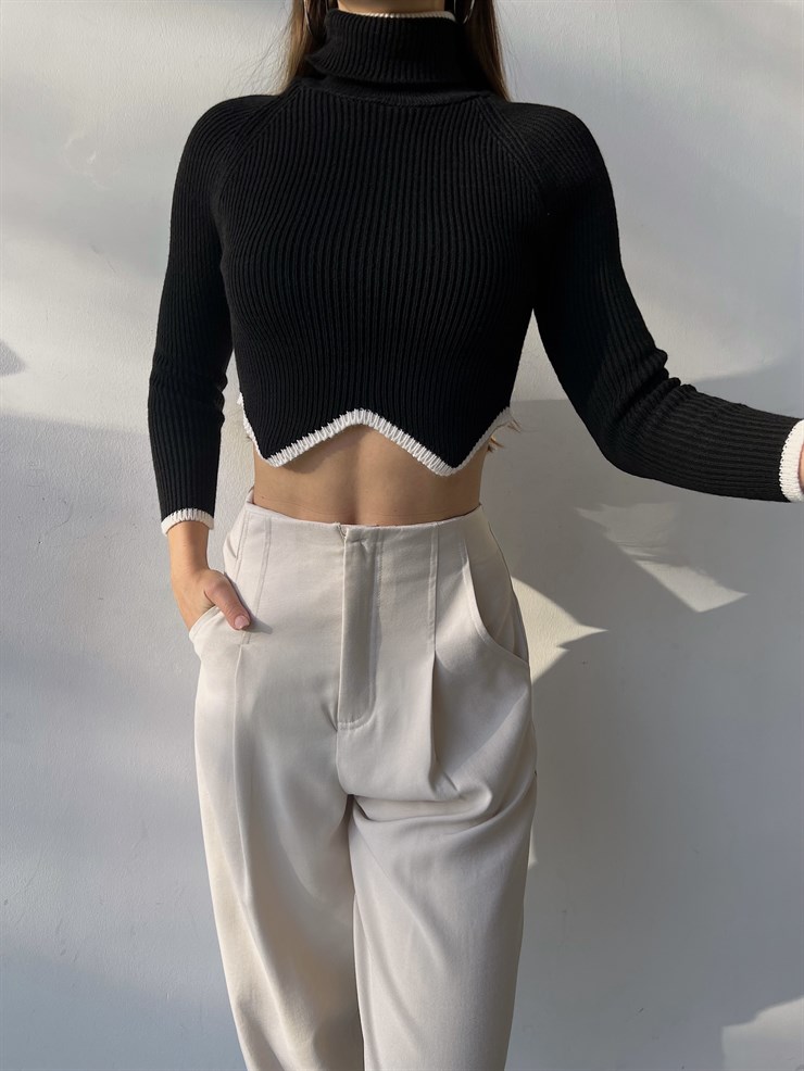 Balıkçı Yaka Bel Detaylı Monica Kadın Siyah Crop Kazak 23K000197