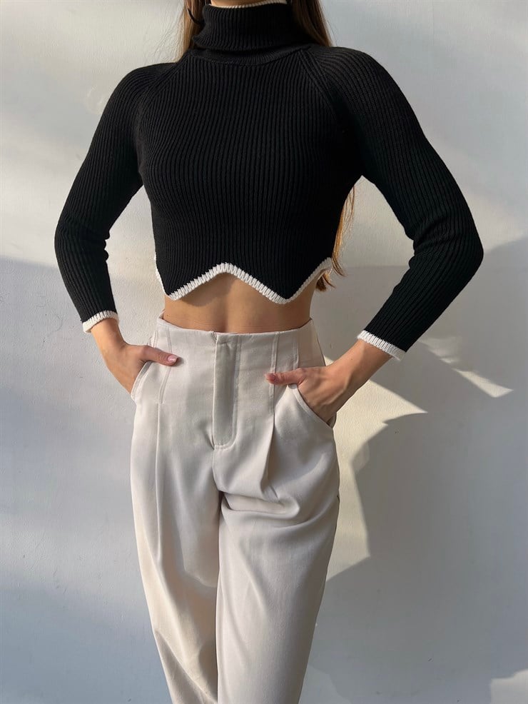 Balıkçı Yaka Bel Detaylı Monica Kadın Siyah Crop Kazak 23K000197