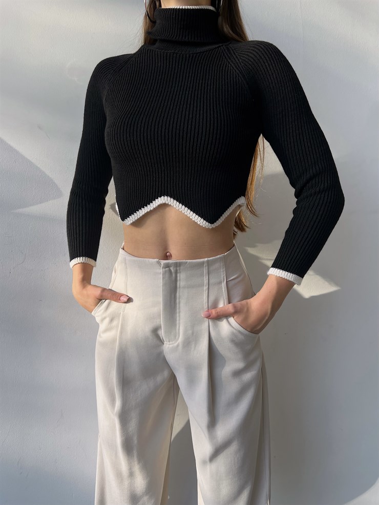 Balıkçı Yaka Bel Detaylı Monica Kadın Siyah Crop Kazak 23K000197