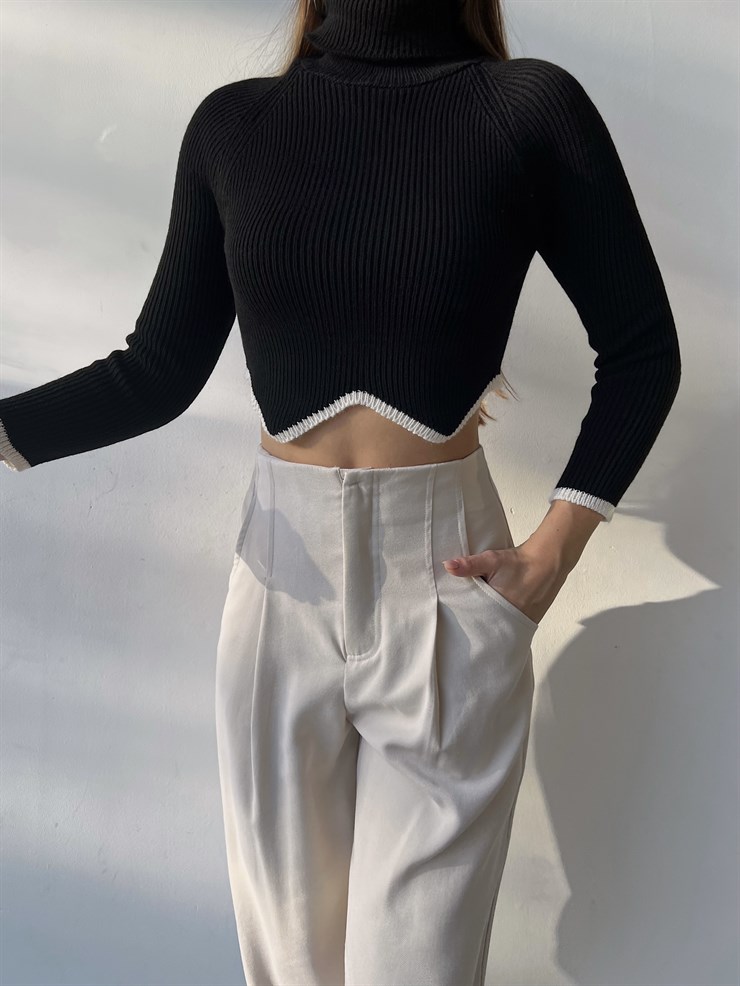 Balıkçı Yaka Bel Detaylı Monica Kadın Siyah Crop Kazak 23K000197