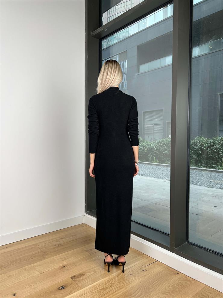 V Yaka Ters Dikişli Fermuarlı Monika Kadın Siyah Uzun Kol Elbise 24k315