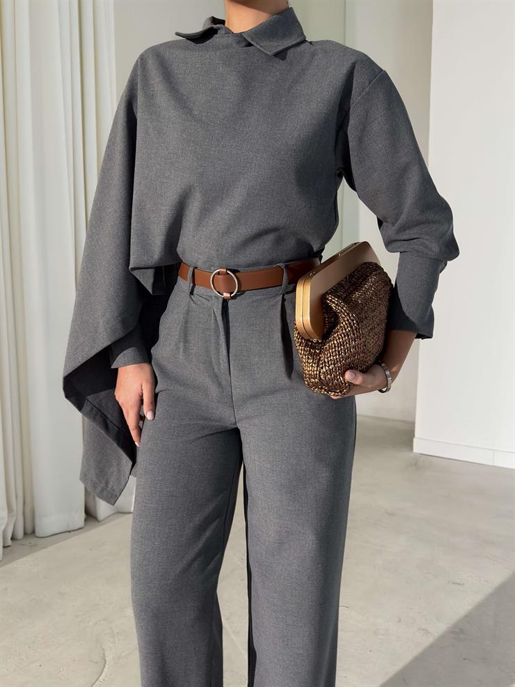 Şallı Gömlek Yüksek Bel Pantolon Monoca Gri Kadın İkili Takım 26K404