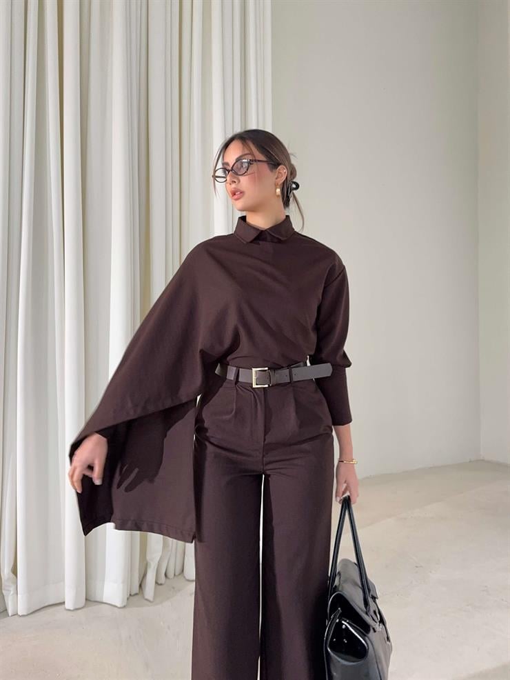 Şallı Gömlek Yüksek Bel Pantolon Monoca Kahve Kadın İkili Takım 26K404