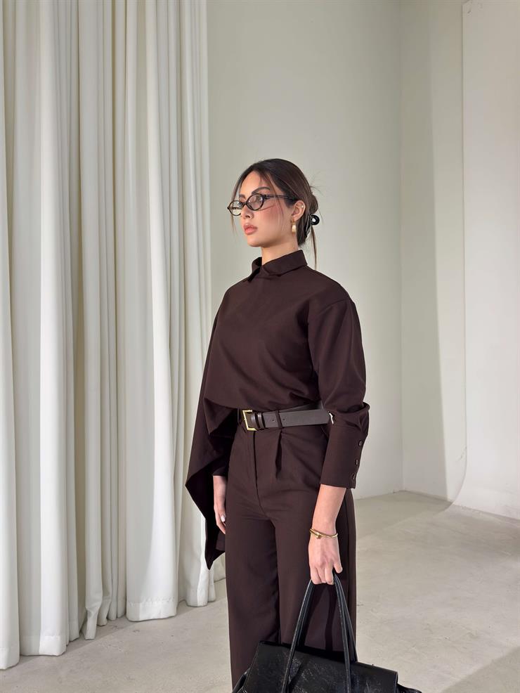 Şallı Gömlek Yüksek Bel Pantolon Monoca Kahve Kadın İkili Takım 26K404