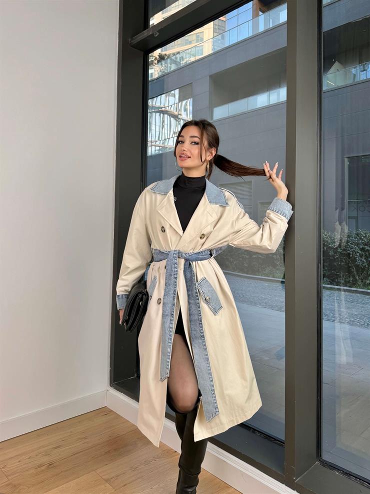 Kot Detaylı Beli Kuşaklı Monty Kadın Taş Trençkot 24Y107