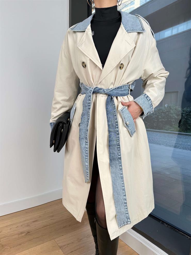 Kot Detaylı Beli Kuşaklı Monty Kadın Taş Trençkot 24Y107