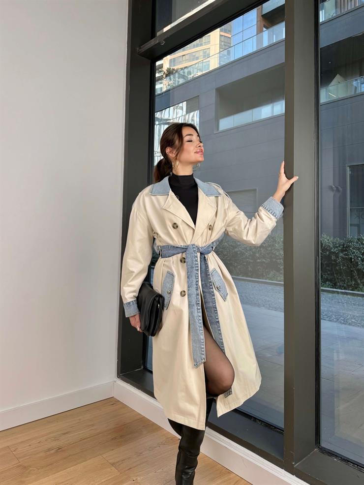 Kot Detaylı Beli Kuşaklı Monty Kadın Taş Trençkot 24Y107