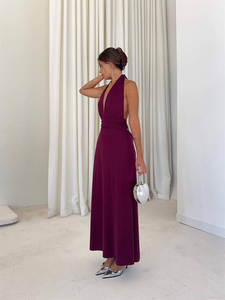 V Yaka Boyundan Bağlamalı Moren Mor Kadın Elbise 24Y831