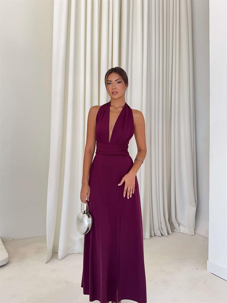 V Yaka Boyundan Bağlamalı Moren Mor Kadın Elbise 24Y831