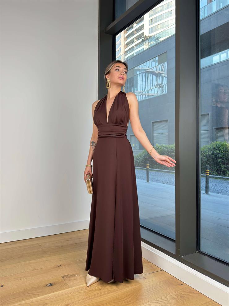 V Yaka Boyundan Bağlamalı Moren Kahve Kadın Elbise 24Y831