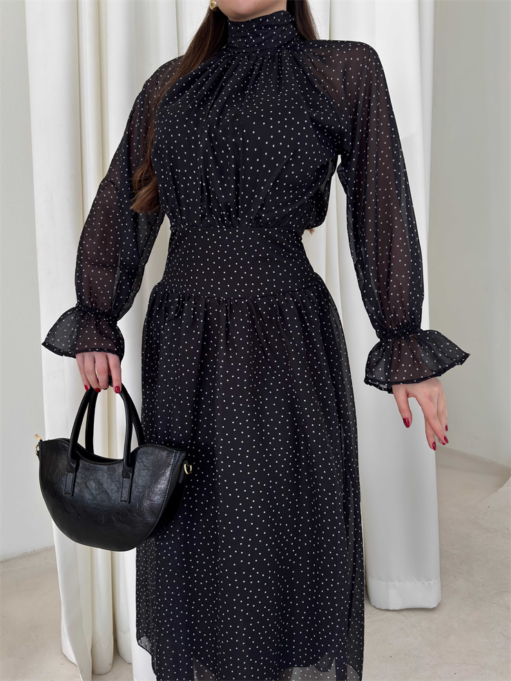 Puantiye Desenli Belden Oturtmalı Tül Siyah Moreno Kadın Elbise 26Y131