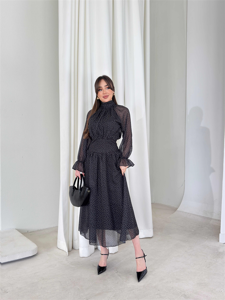 Puantiye Desenli Belden Oturtmalı Tül Siyah Moreno Kadın Elbise 26Y131