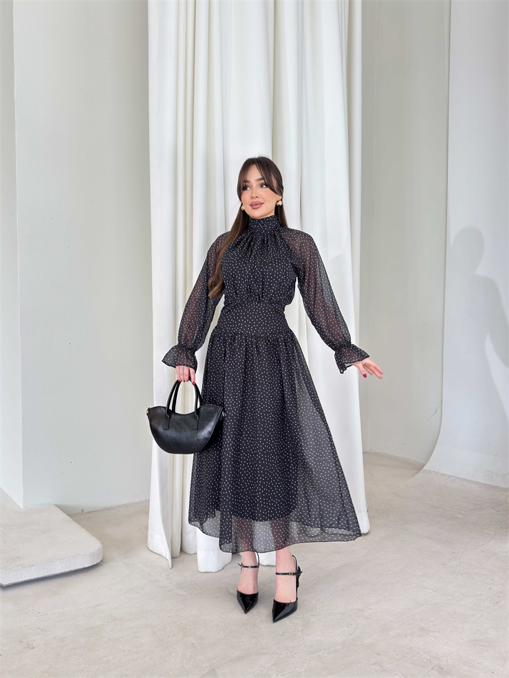 Puantiye Desenli Belden Oturtmalı Tül Siyah Moreno Kadın Elbise 26Y131