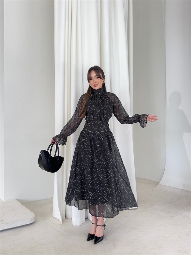 Puantiye Desenli Belden Oturtmalı Tül Siyah Moreno Kadın Elbise 26Y131