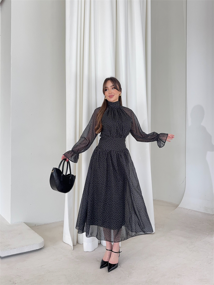 Puantiye Desenli Belden Oturtmalı Tül Siyah Moreno Kadın Elbise 26Y131