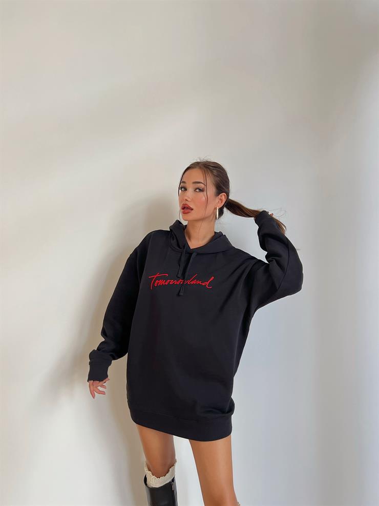 Önü Yazılı Kapüşonlu Morı Kadın Siyah Oversize Sweatshirt 24k000066