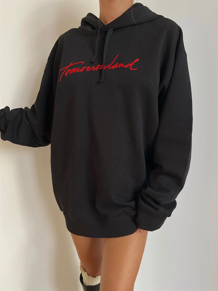Önü Yazılı Kapüşonlu Morı Kadın Siyah Oversize Sweatshirt 24k000066