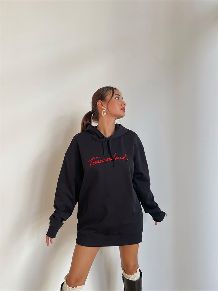 Önü Yazılı Kapüşonlu Morı Kadın Siyah Oversize Sweatshirt 24k000066