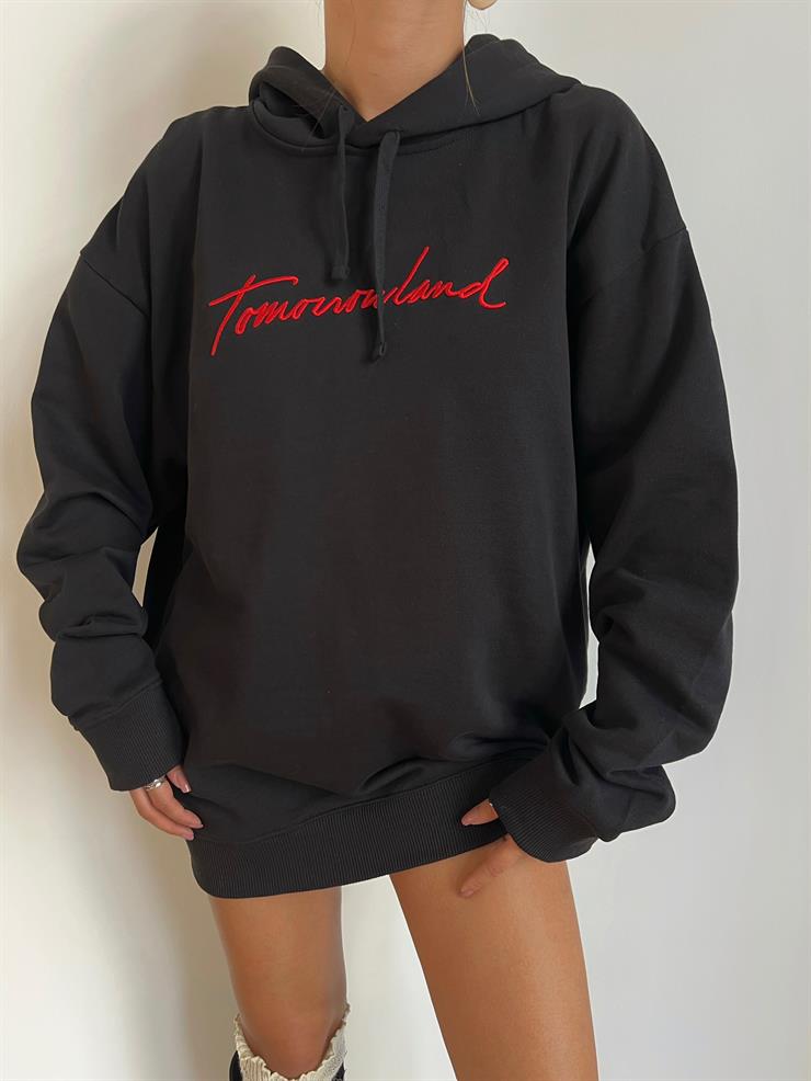 Önü Yazılı Kapüşonlu Morı Kadın Siyah Oversize Sweatshirt 24k000066