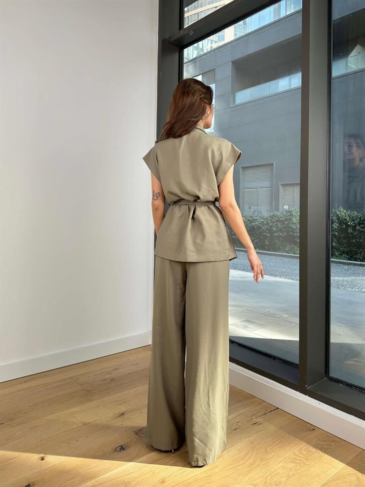 Belden Kuşaklı Yelek Bol Paça Pantolon Morris Kadın Haki Takım 24Y112