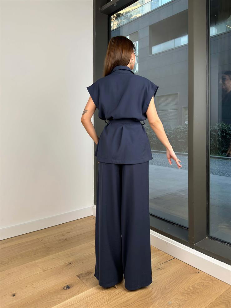 Belden Kuşaklı Yelek Bol Paça Pantolon Morris Kadın Lacivert Takım 24Y112
