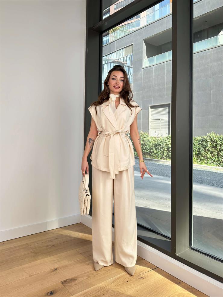 Belden Kuşaklı Yelek Bol Paça Pantolon Morris Kadın Taş Takım 24Y112