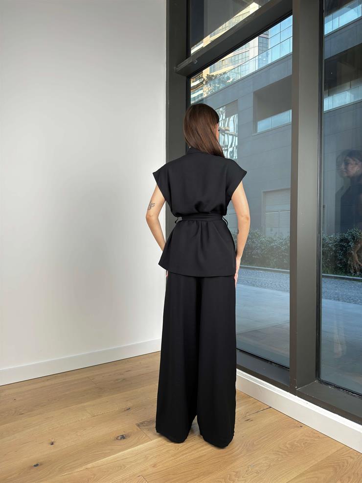 Belden Kuşaklı Yelek Bol Paça Pantolon Morris Kadın Siyah Takım 24Y112