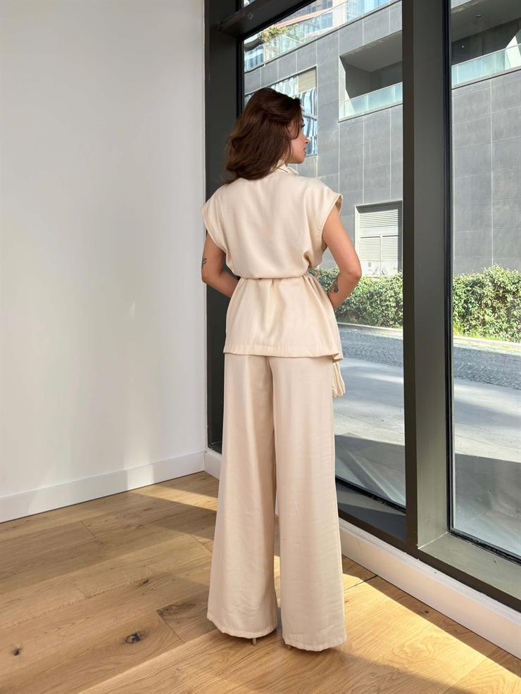 Belden Kuşaklı Yelek Bol Paça Pantolon Morris Kadın Taş Takım 24Y112