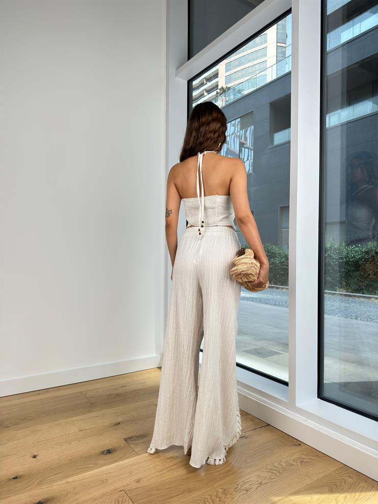 Boyundan Bağlamalı Crop Beli Lastikli Yırtmaçlı Pantolon Mota Kadın Natural Takım 24Y781