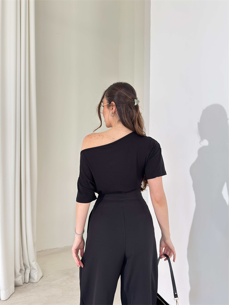 Düşük Omuz Yandan Drapeli Moven Siyah Kadın Bluz 26Y074