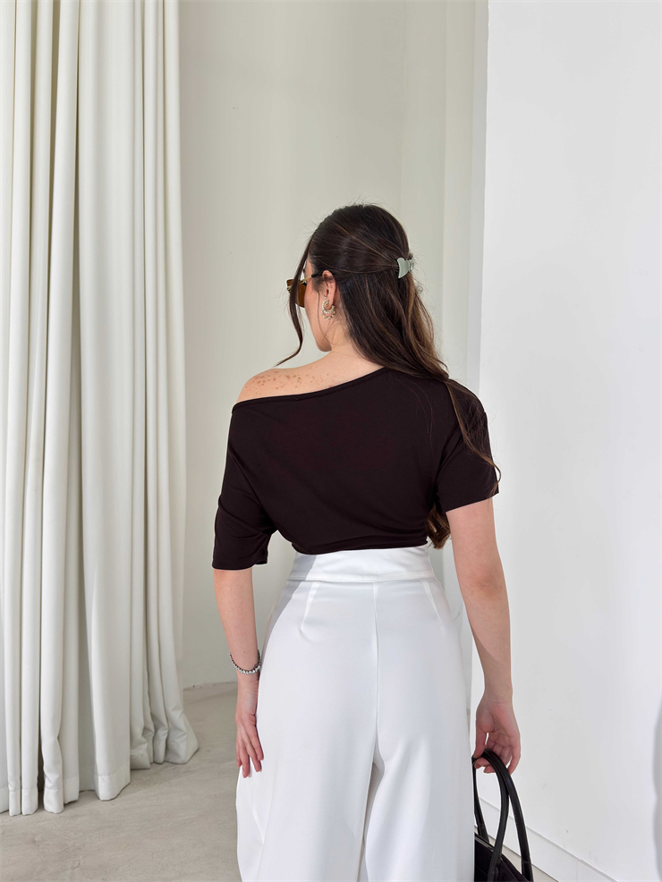 Düşük Omuz Yandan Drapeli Moven Kahve Kadın Bluz 26Y074