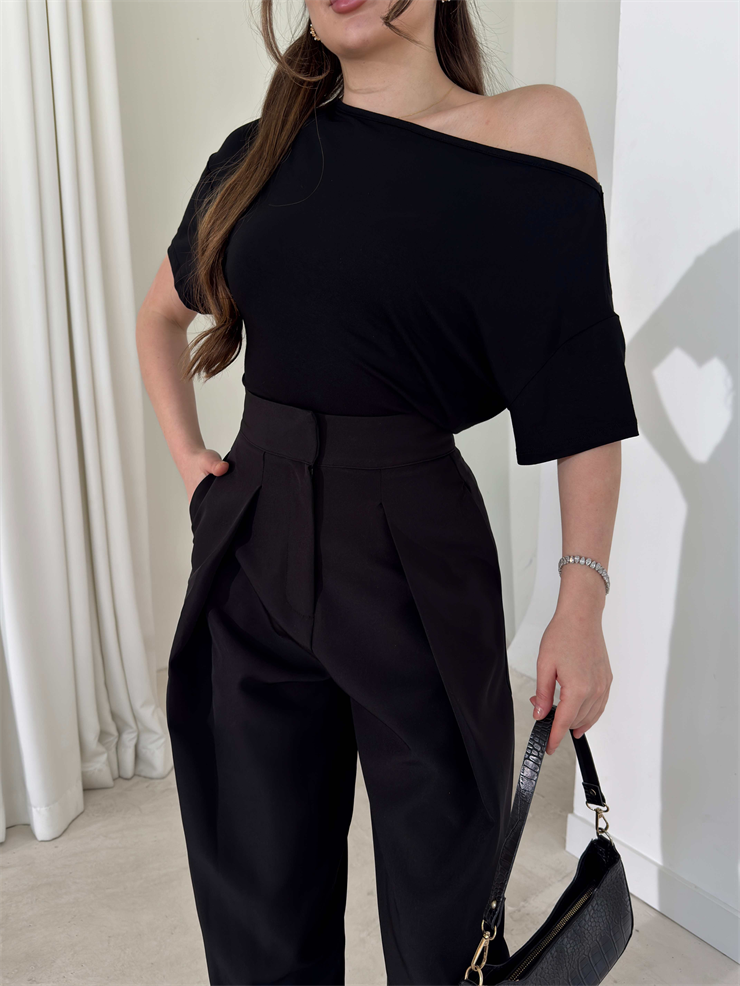 Düşük Omuz Yandan Drapeli Moven Siyah Kadın Bluz 26Y074