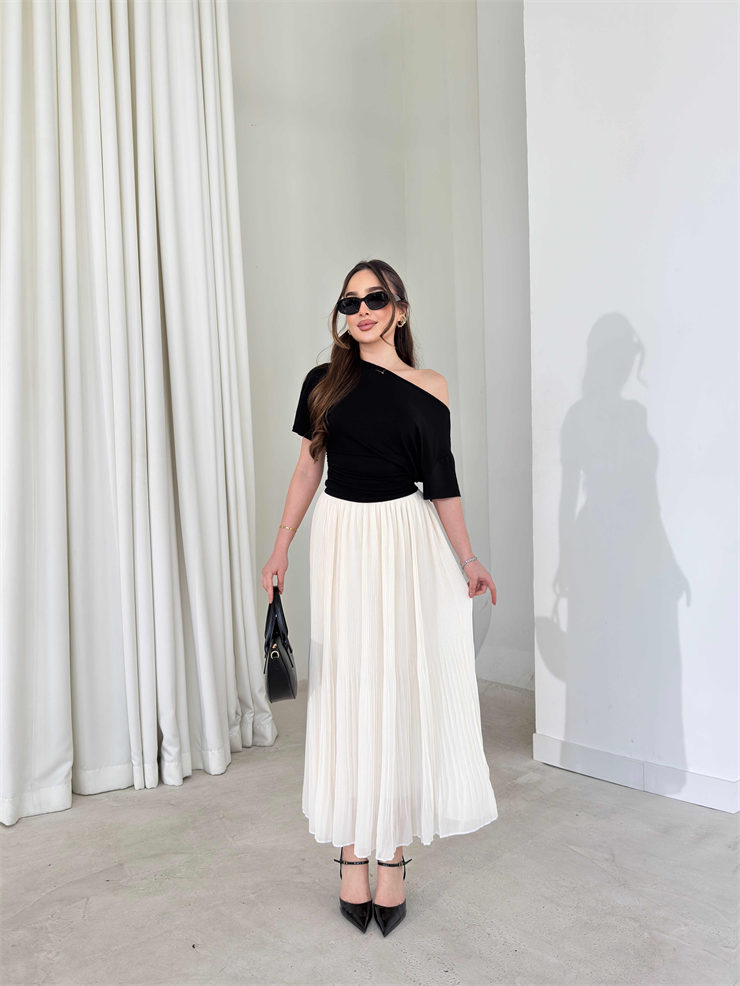 Düşük Omuz Yandan Drapeli Moven Siyah Kadın Bluz 26Y074