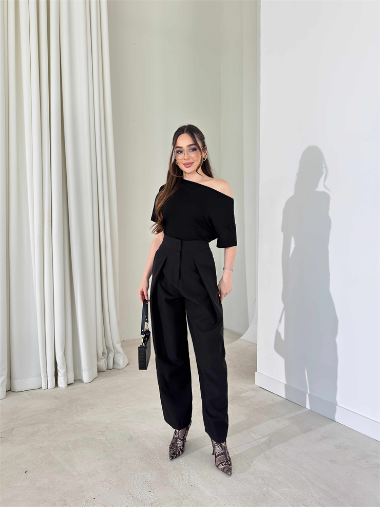 Düşük Omuz Yandan Drapeli Moven Siyah Kadın Bluz 26Y074