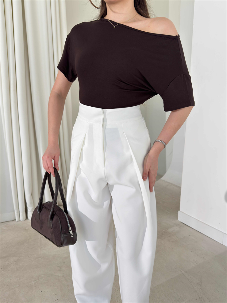 Düşük Omuz Yandan Drapeli Moven Kahve Kadın Bluz 26Y074