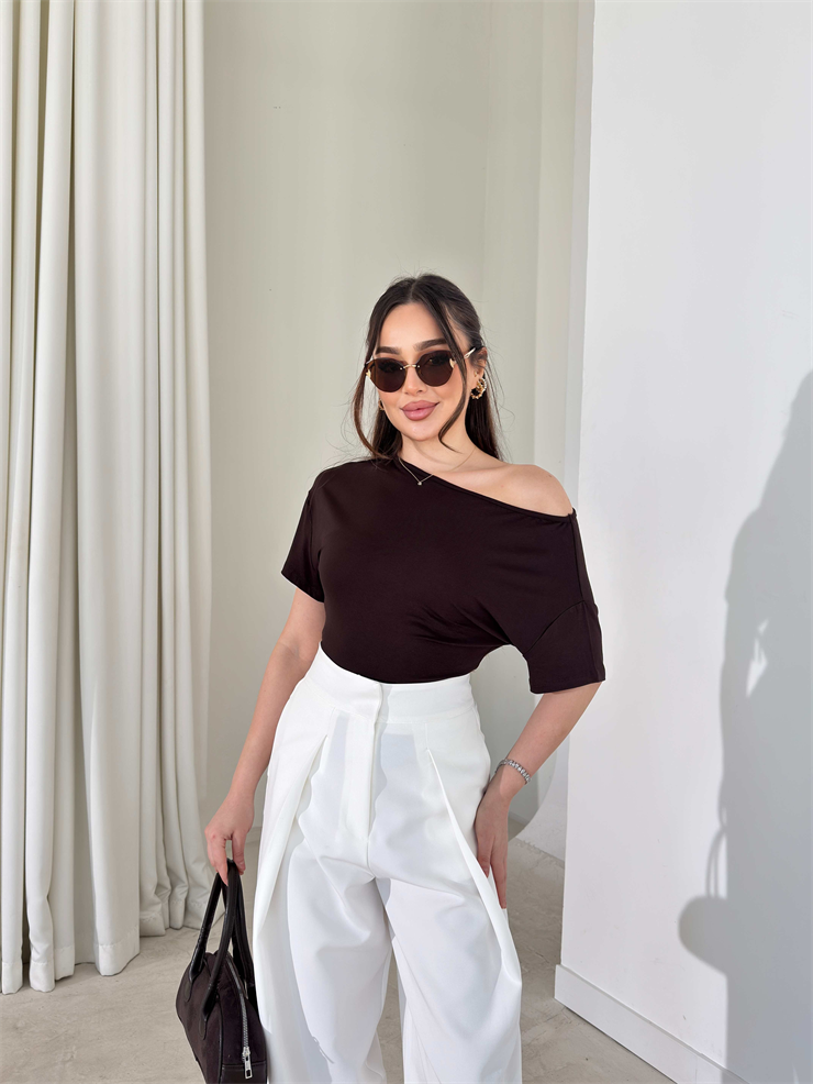 Düşük Omuz Yandan Drapeli Moven Kahve Kadın Bluz 26Y074