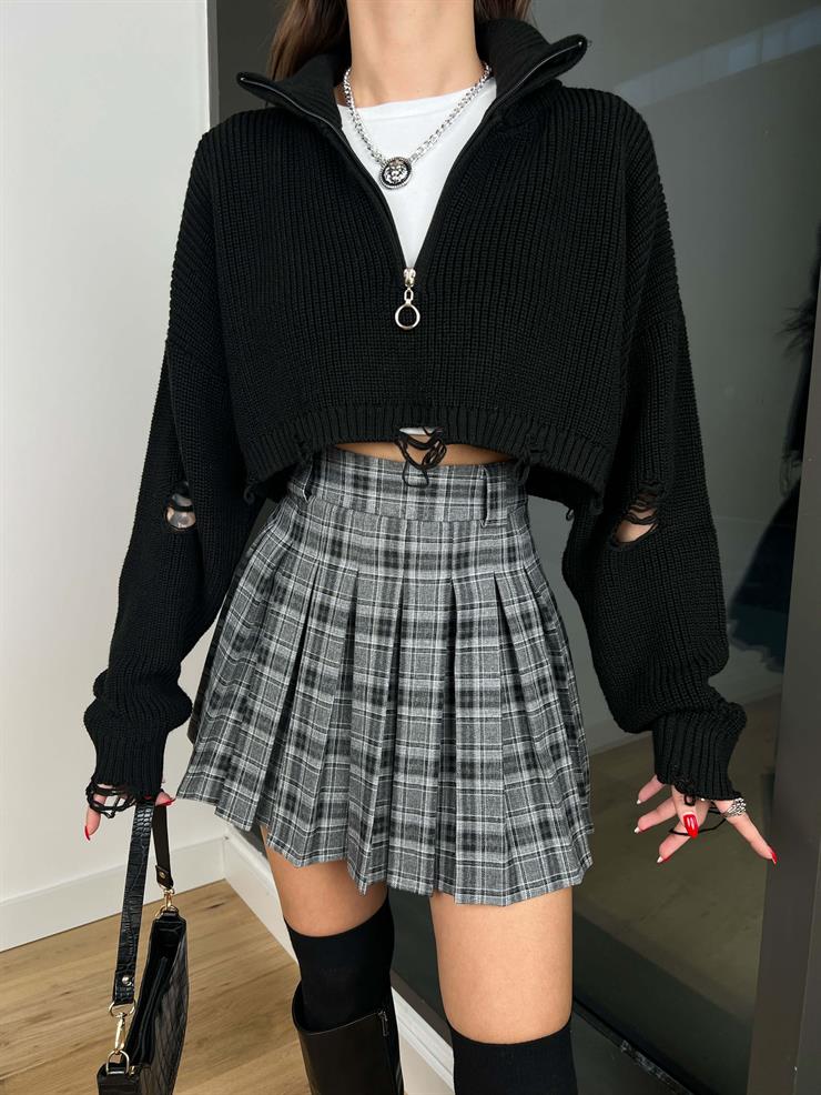 Yüksek Bel Pileli Murilo Kadın Gri Ekoseli Mini Etek 24k408