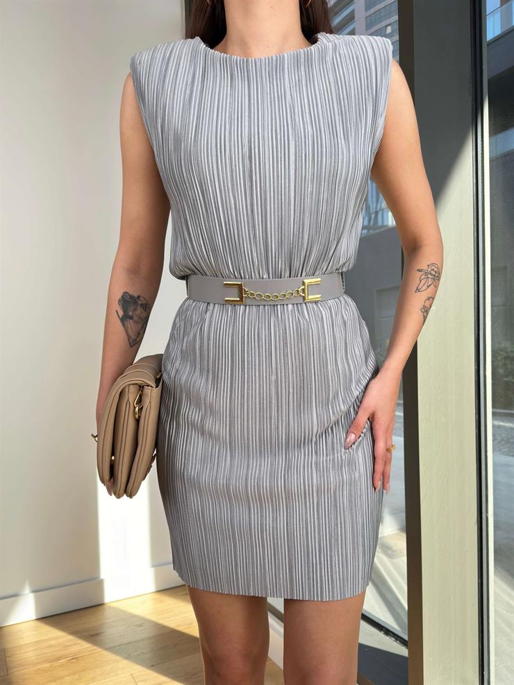 Sıfır Kol Beli Kemerli Piliseli Muvi Kadın Gri Elbise 24Y086