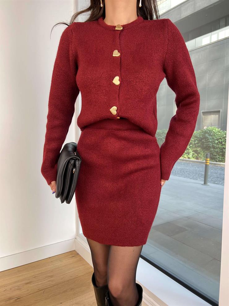 Kalp Düğmeli Hırka Beli Latikli Mini Etek Nada Bordo Kadın Triko Takım 25K163