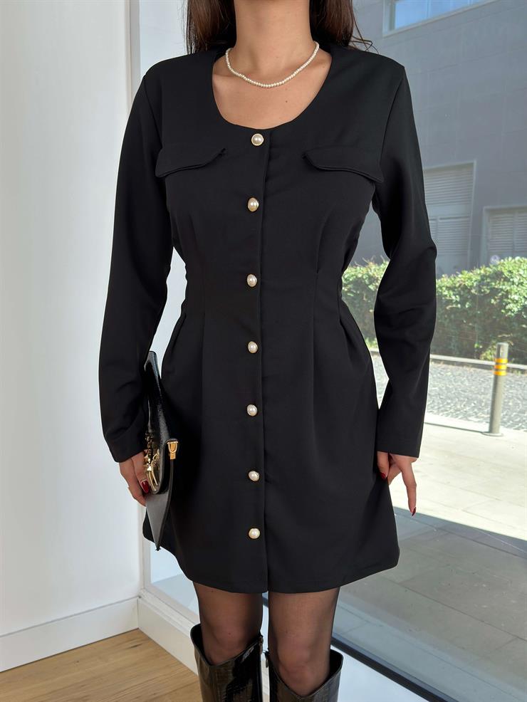 Yuvarlak Yaka Uzun Kol Önü Düğmeli Nader Siyah Mini Elbise 25K255