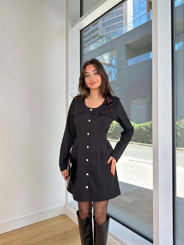 Yuvarlak Yaka Uzun Kol Önü Düğmeli Nader Siyah Mini Elbise 25K255